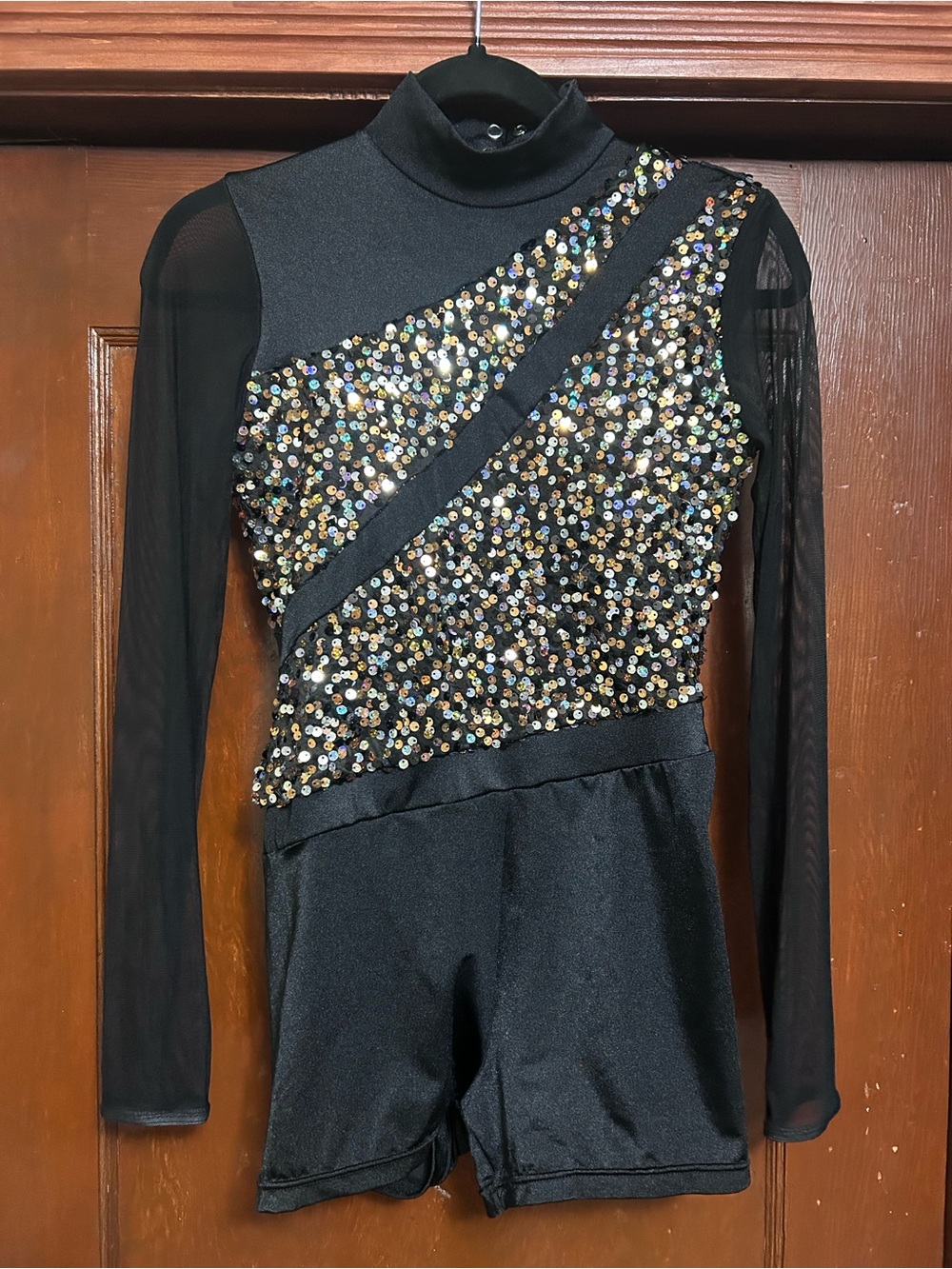 Weissman Black Sequin Mesh Long-Sleeve Leotard